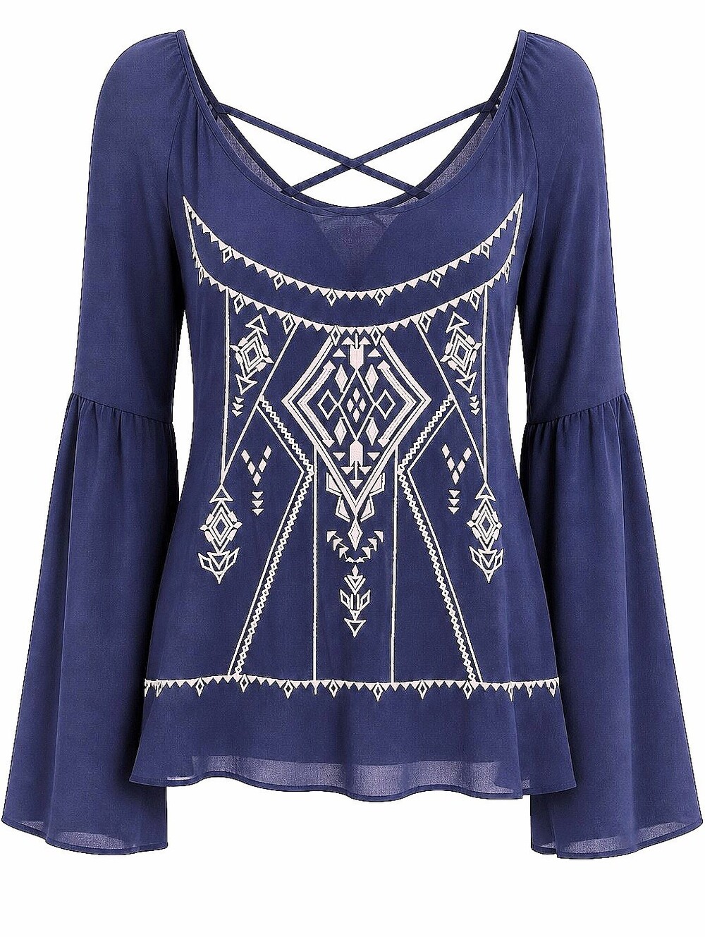 NEW! Blu Pepper Navy Embroidered Bell-Sleeve Women's Top